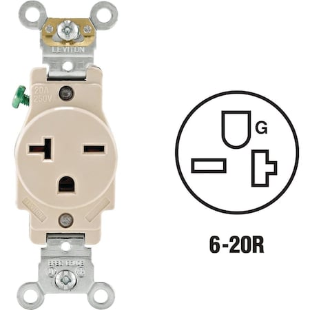 Leviton Straight Blade Receptacle, 6-20R, 20 A, 250V AC, 2 Pole, 3 Wire, Self-Grounded 076-05461-00T